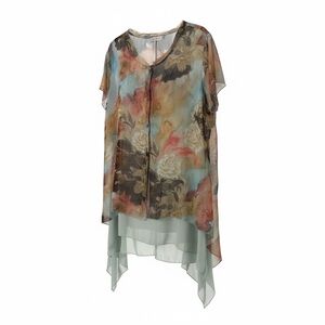 SIMPLY COUTURE Womens Artsy Floral Semi Sheer Asymmetric Button Tunic Top XXL